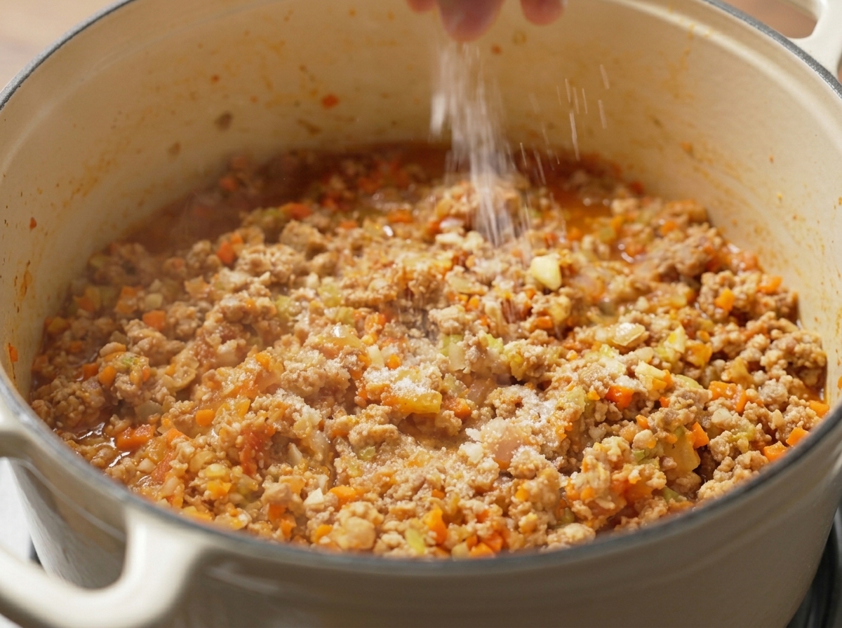 Sel saupoudré sur le mélange de viande et légumes dans la marmite.