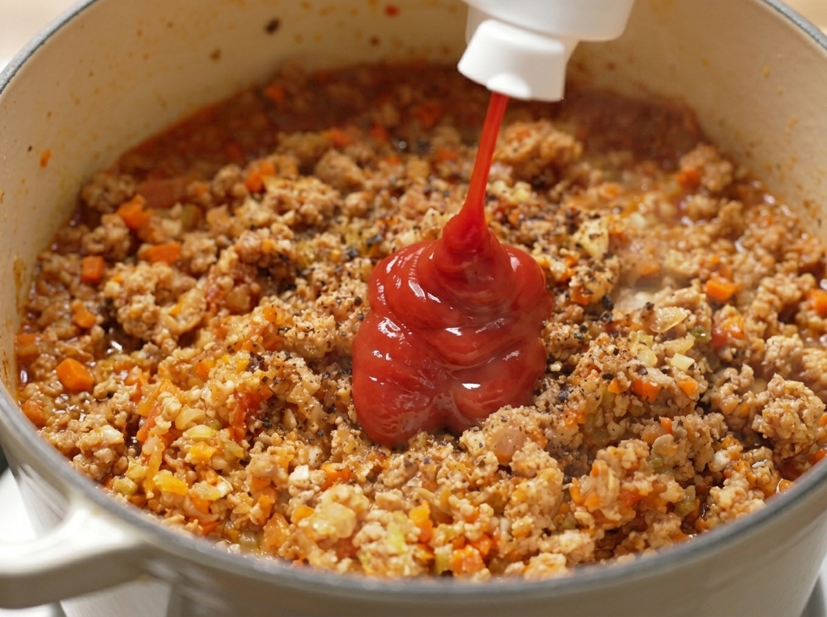 Ketchup ajouté à la sauce à la viande dans la marmite, avec du poivre noir déjà mélangé.