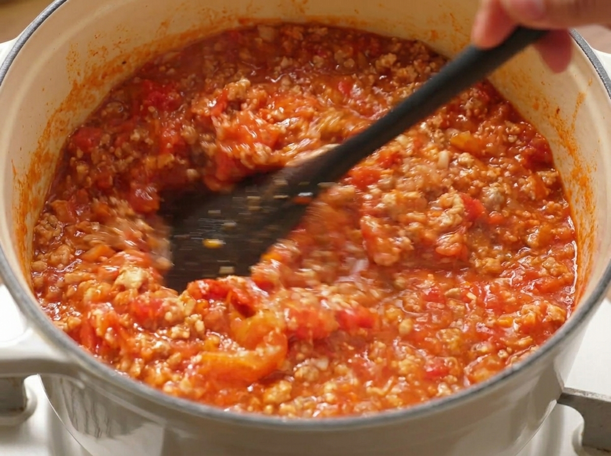 Spatule mélangeant les tomates et les légumes hachés à la viande dans une marmite.
