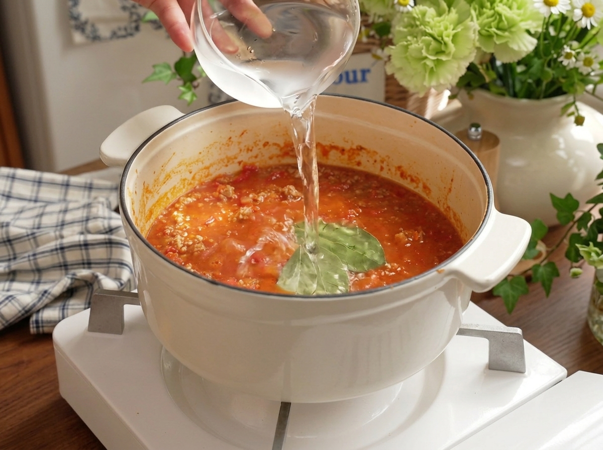 Eau versée depuis un petit bol en verre dans une marmite contenant la sauce tomate-viande et des feuilles de laurier.