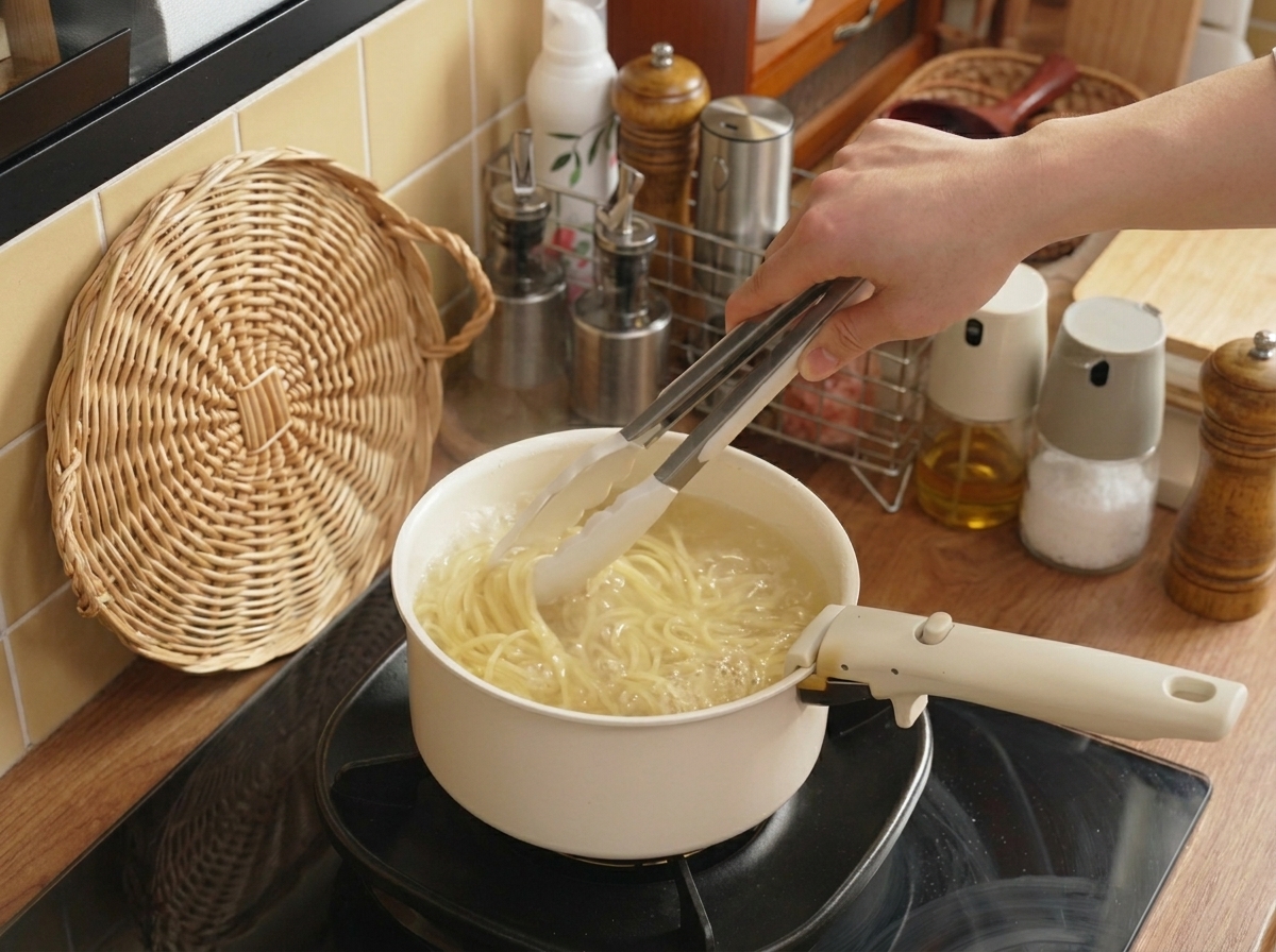 Pinces en métal utilisées pour remuer et immerger des spaghettis en cours de cuisson.