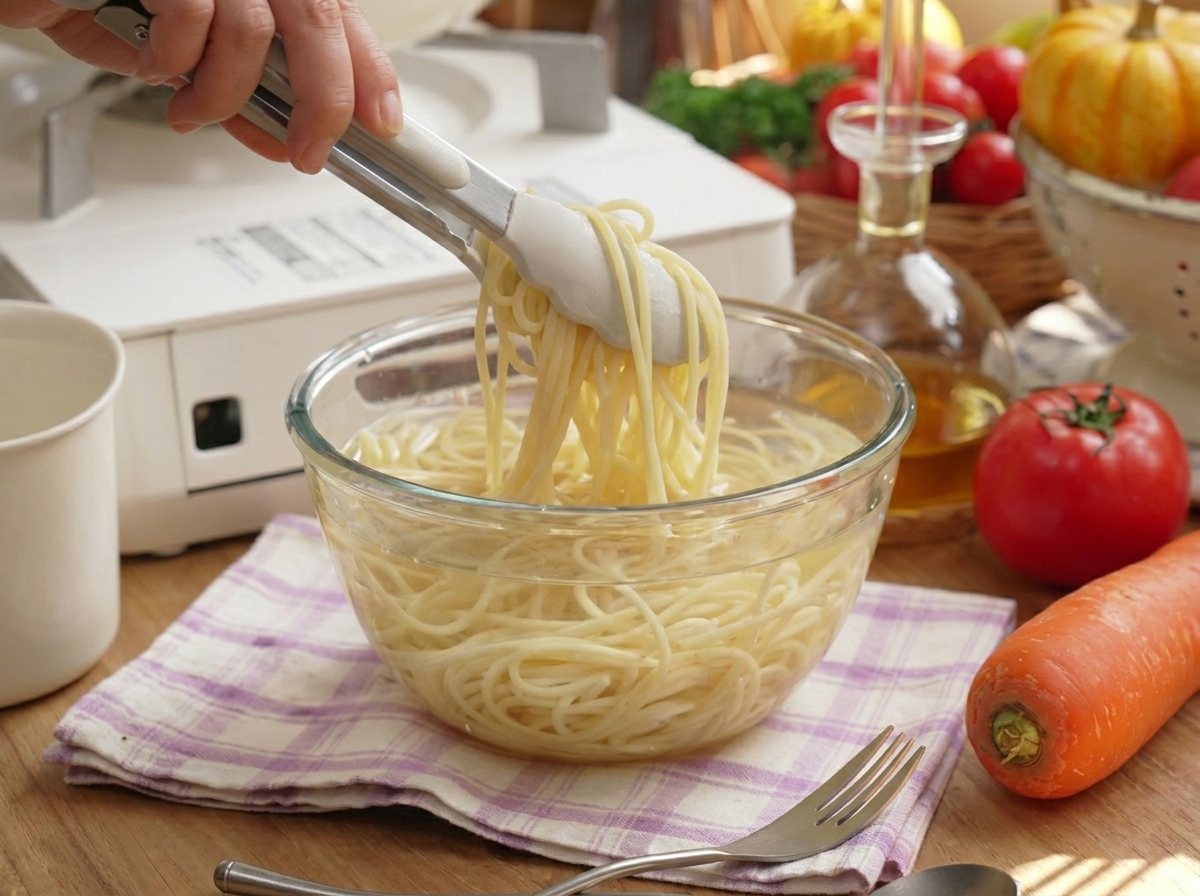 Spaghettis cuits transférés avec des pinces depuis une marmite bouillante vers un bol deau froide.