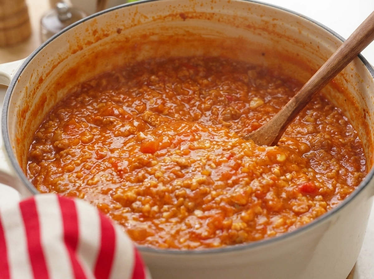 Sauce tomate à la viande riche et colorée mijotant dans une marmite, remuée avec une cuillère en bois.