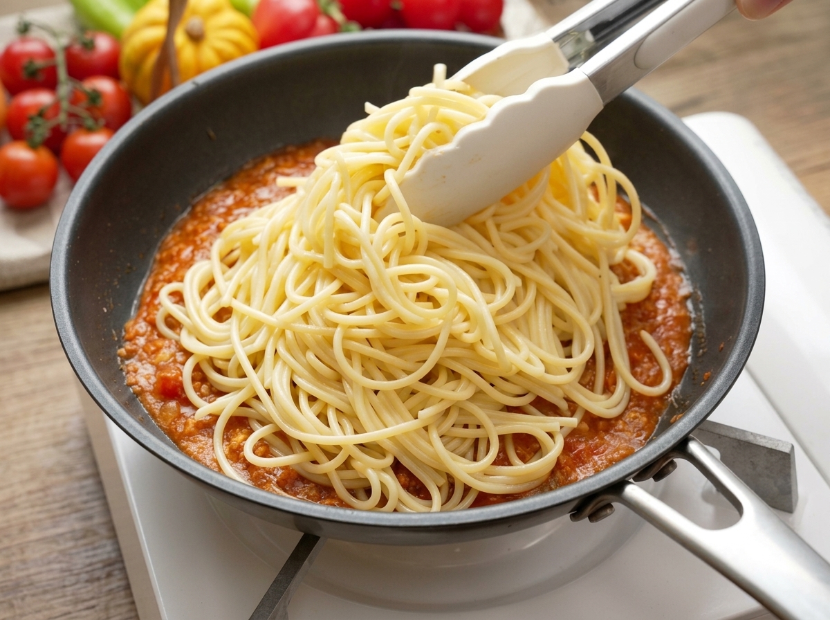 Pinces plaçant les spaghettis cuits dans une poêle noire contenant une portion de sauce à la viande chauffée.