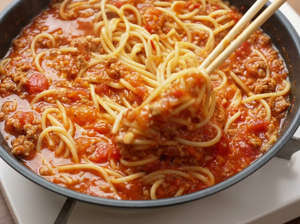 Spaghettis et sauce à la viande mélangés dans une poêle à laide de baguettes en bois.