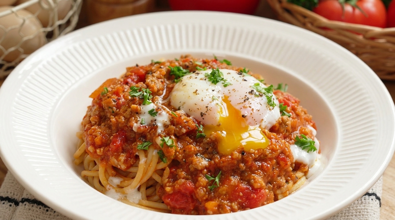 Pâtes à la sauce bolognaise et œuf onsen