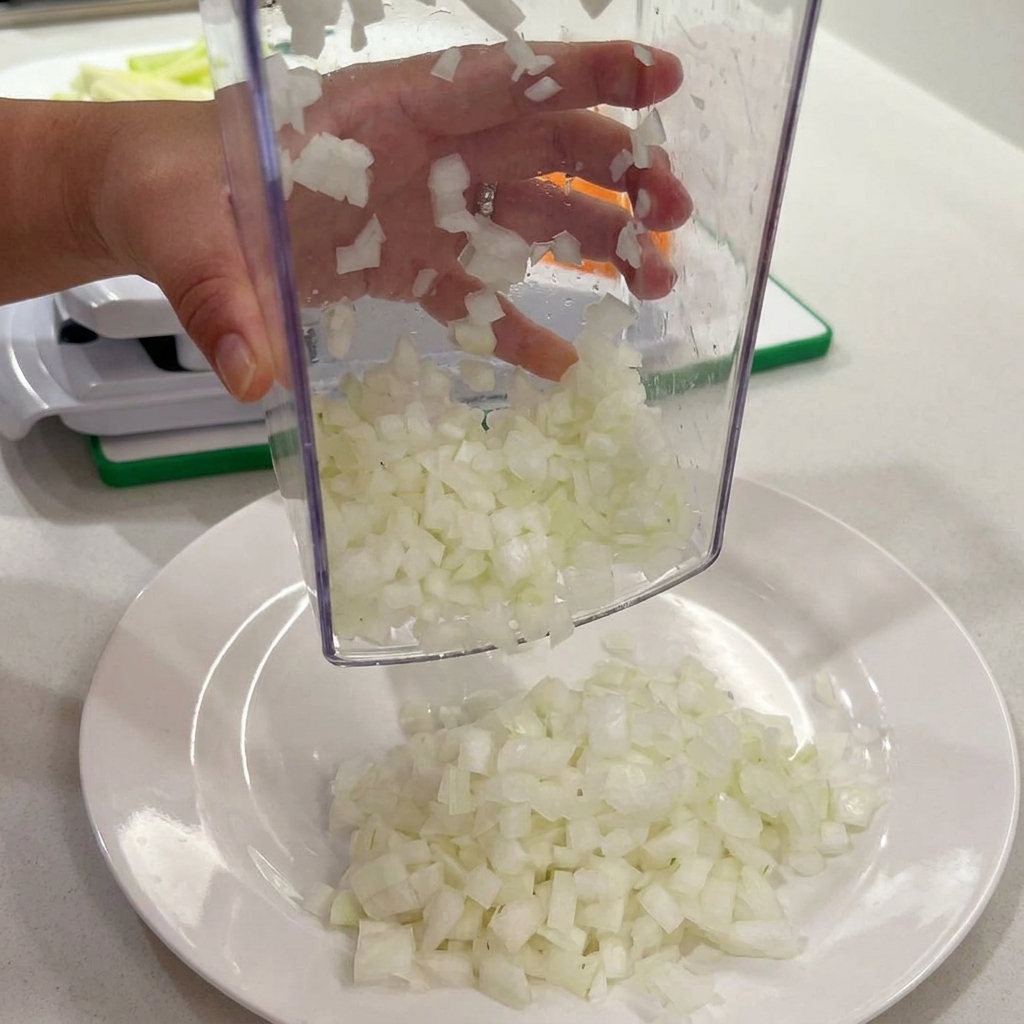 Une main utilisant un hachoir à légumes transparent pour déposer des oignons blancs en dés sur une assiette.
