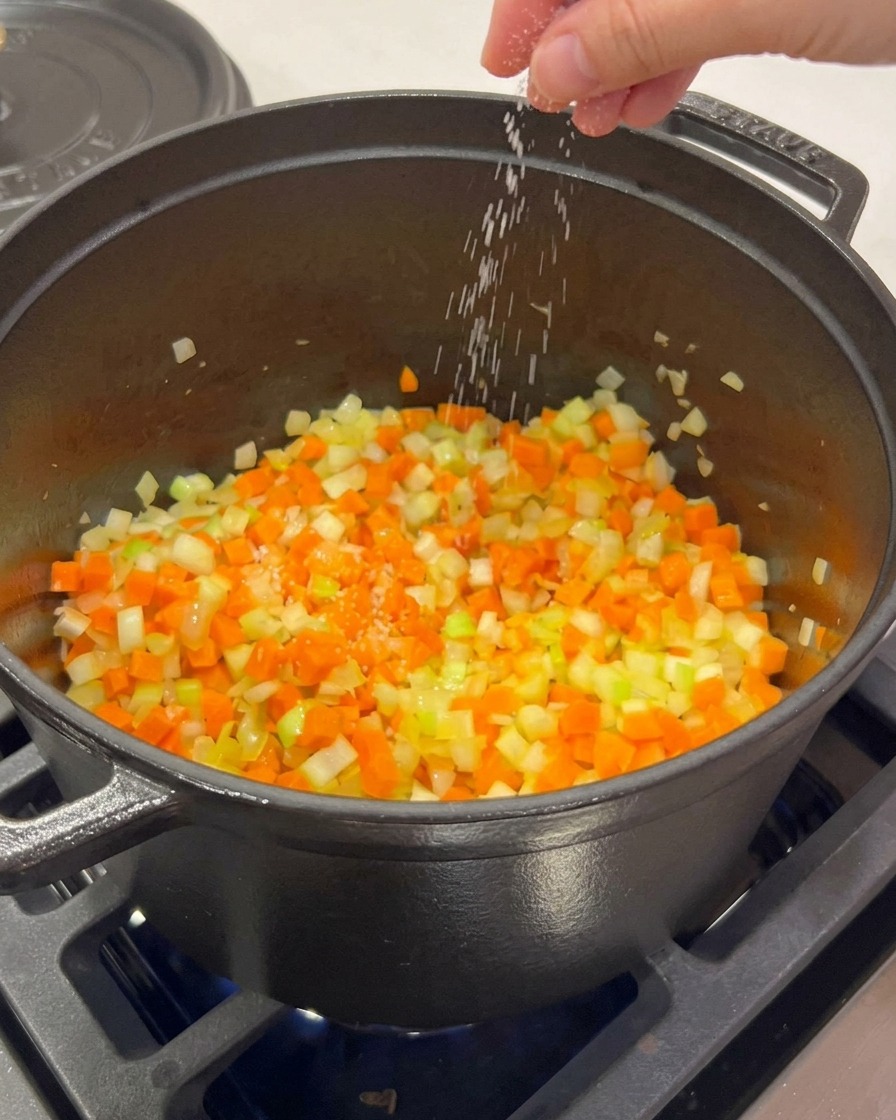 Une main saupoudrant du gros sel dans une marmite de légumes en train de rissoler.
