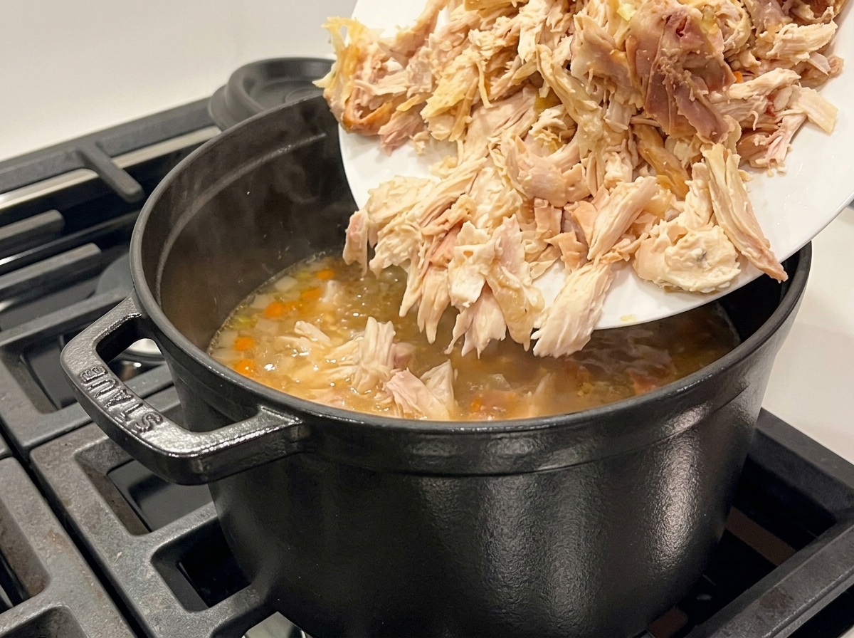 Du poulet effiloché ajouté depuis une assiette blanche dans une marmite noire de soupe frémissante.