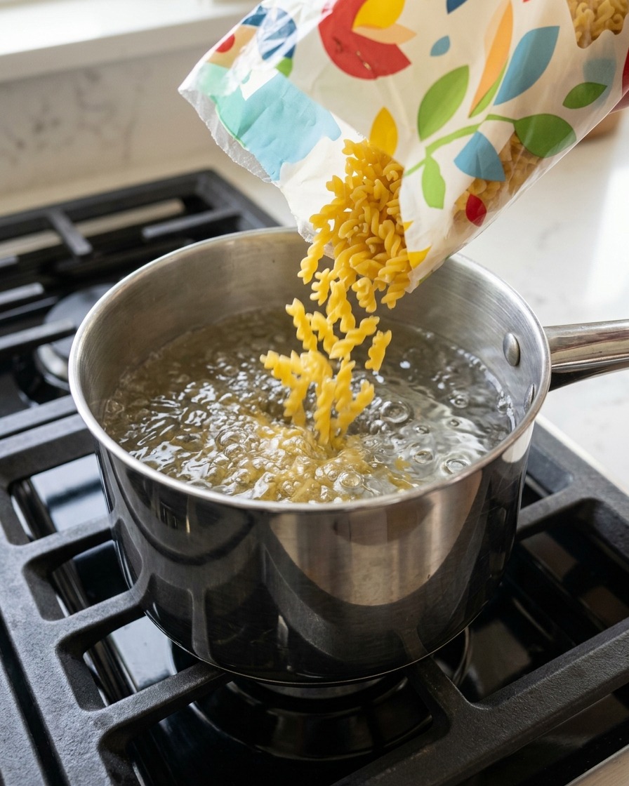 Des nouilles aux œufs larges et sèches versées dun sachet dans une casserole deau bouillante sur une cuisinière.