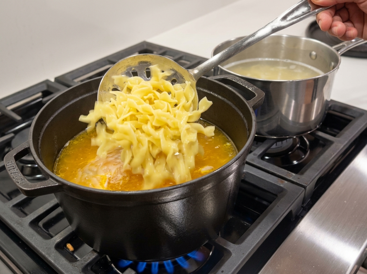 Des nouilles cuites transférées avec une écumoire dans une marmite de soupe au poulet et aux légumes frémissante.