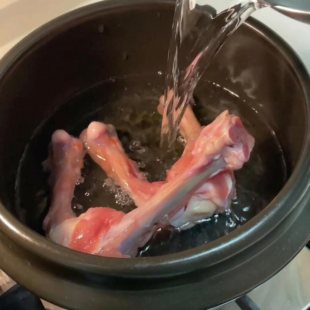 Eau claire versée dans une marmite en pierre contenant des os de poulet.