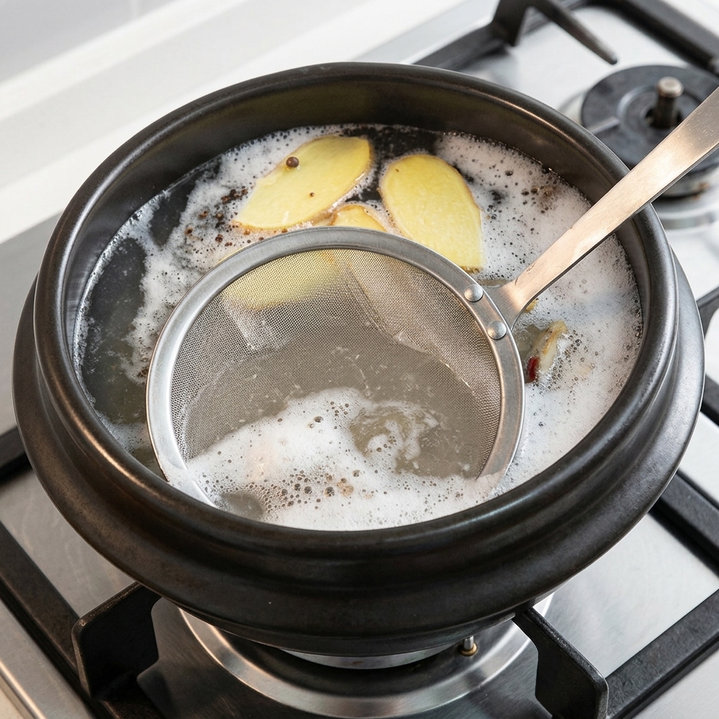 Une écumoire en métal retirant la mousse grise à la surface du bouillon.