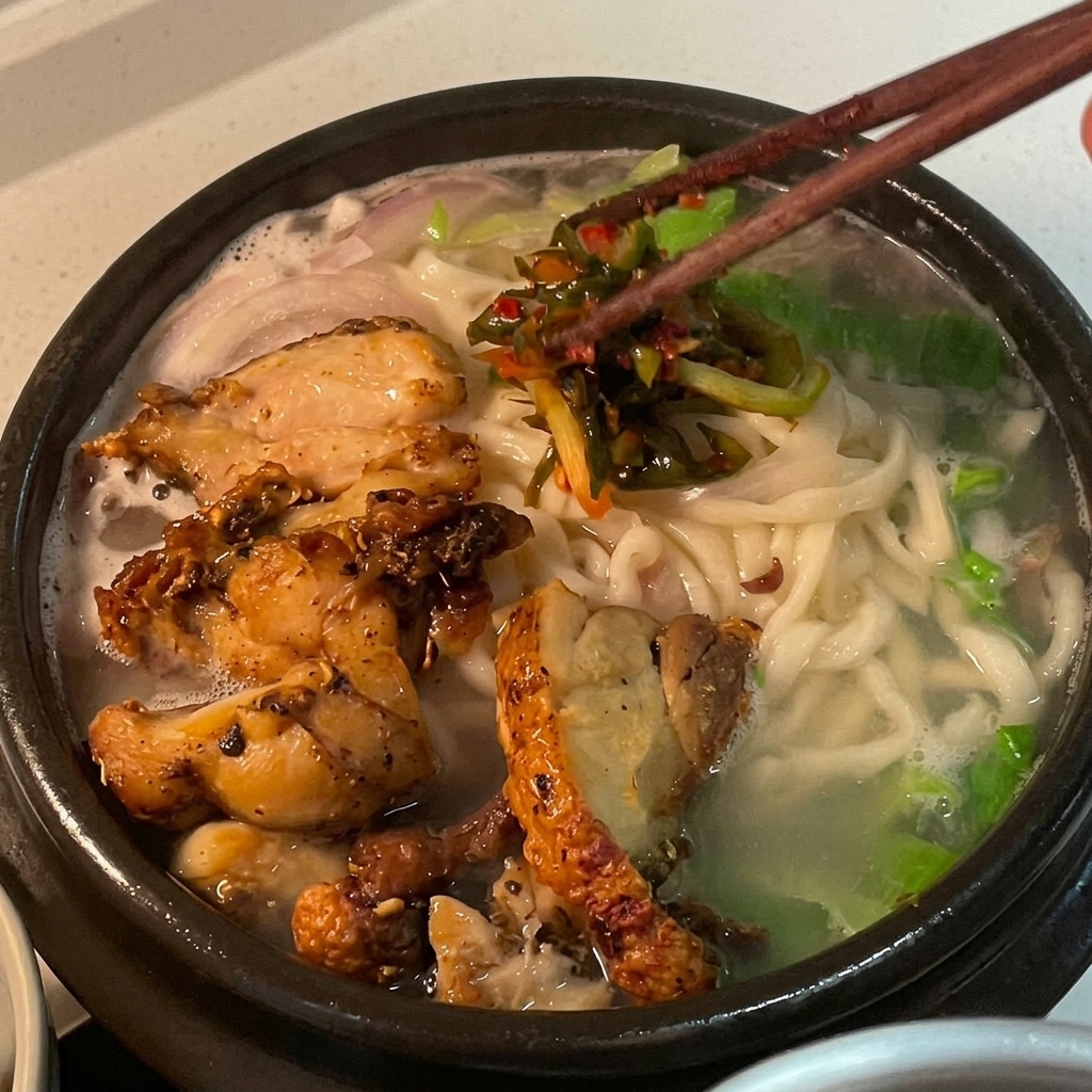 Kimchi de ciboule rouge vif ajouté sur la soupe de nouilles.
