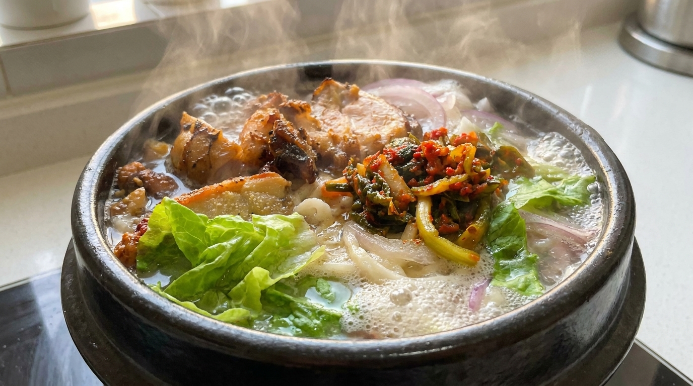 Un bol en céramique noire fumant contenant une soupe de nouilles au poulet, garnie de poulet rôti croustillant, laitue fraîche, oignon rouge et kimchi de ciboule épicé.