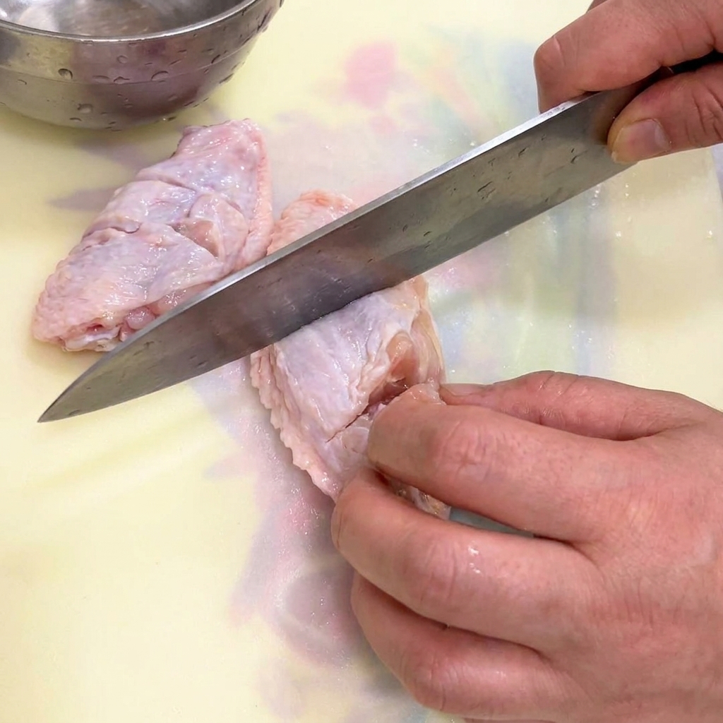 Gros plan dun couteau incisant la peau dailes de poulet crues sur une planche à découper.