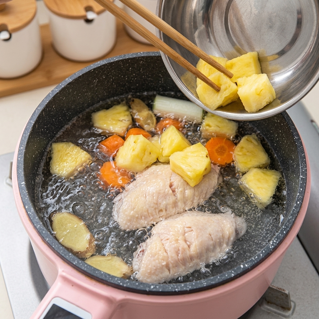 Des dés de carottes et de pommes de terre ajoutés dans la casserole avec les ailes de poulet et le bouillon.