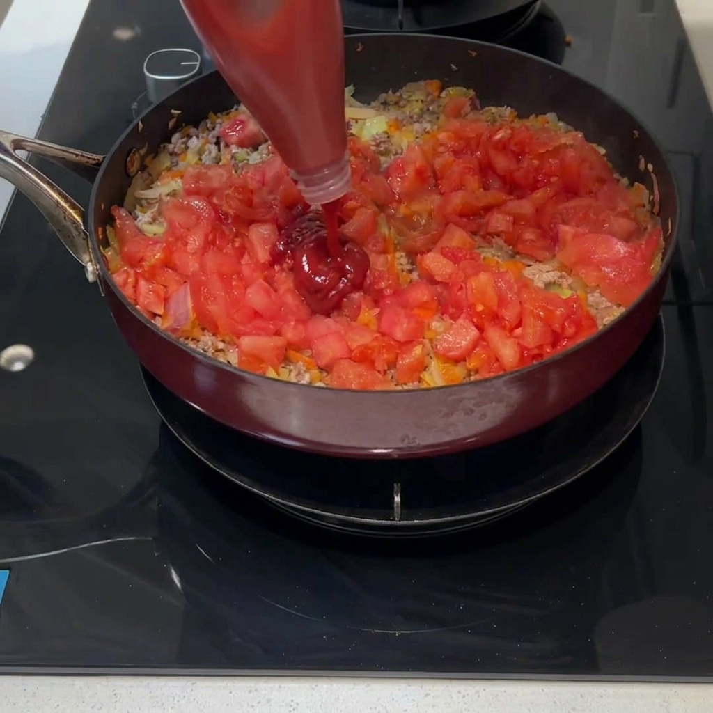 Du concentré de tomates rouge pressé depuis un tube dans une poêle contenant des tomates, de la viande et des légumes.