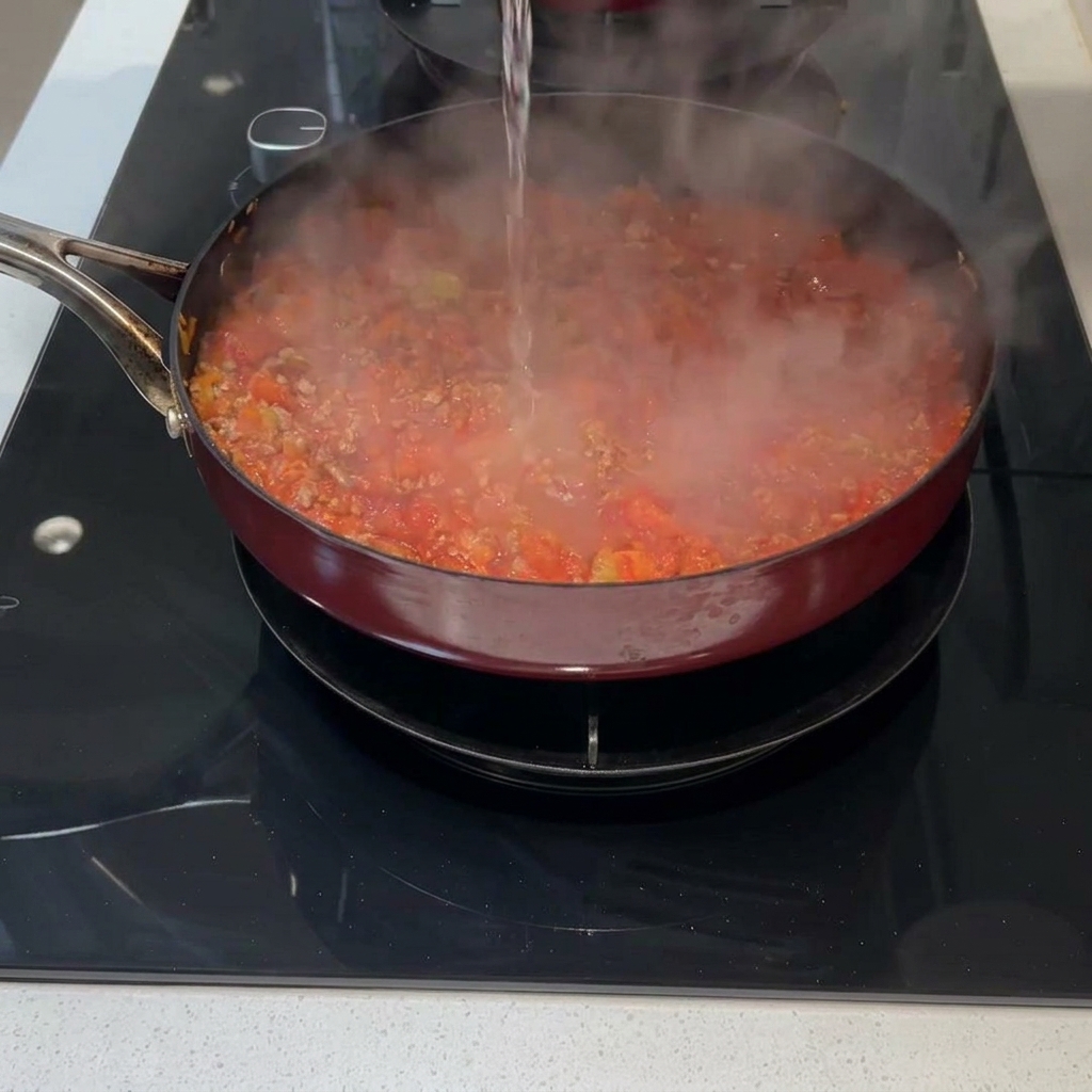 De leau claire versée dans une poêle pour recouvrir la viande, les légumes et les tomates.