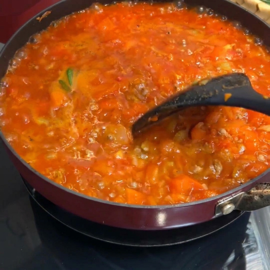 Une sauce à la viande rouge épaisse et bouillonnante remuée dans une poêle avec une spatule noire.
