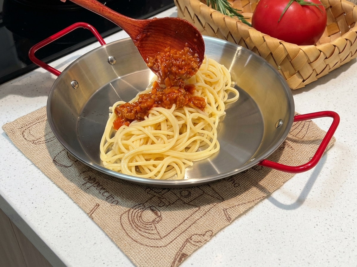 Une portion de spaghettis cuits dans une assiette creuse, généreusement recouverts dune sauce à la viande épaisse et copieuse.