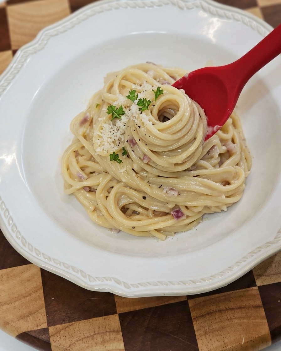 Servir les spaghettis crémeux dans une assiette creuse.