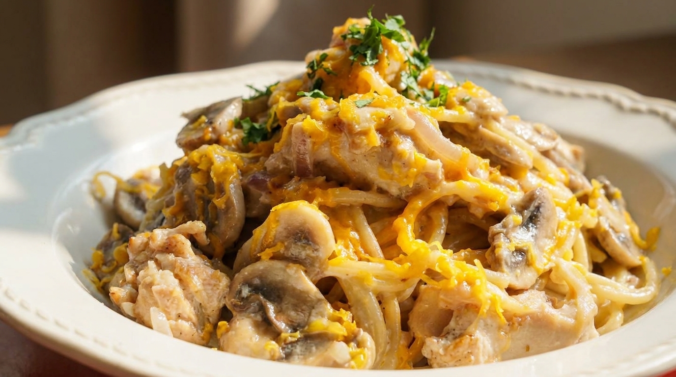Pâtes crémeuses au poulet et champignons à l'ail
