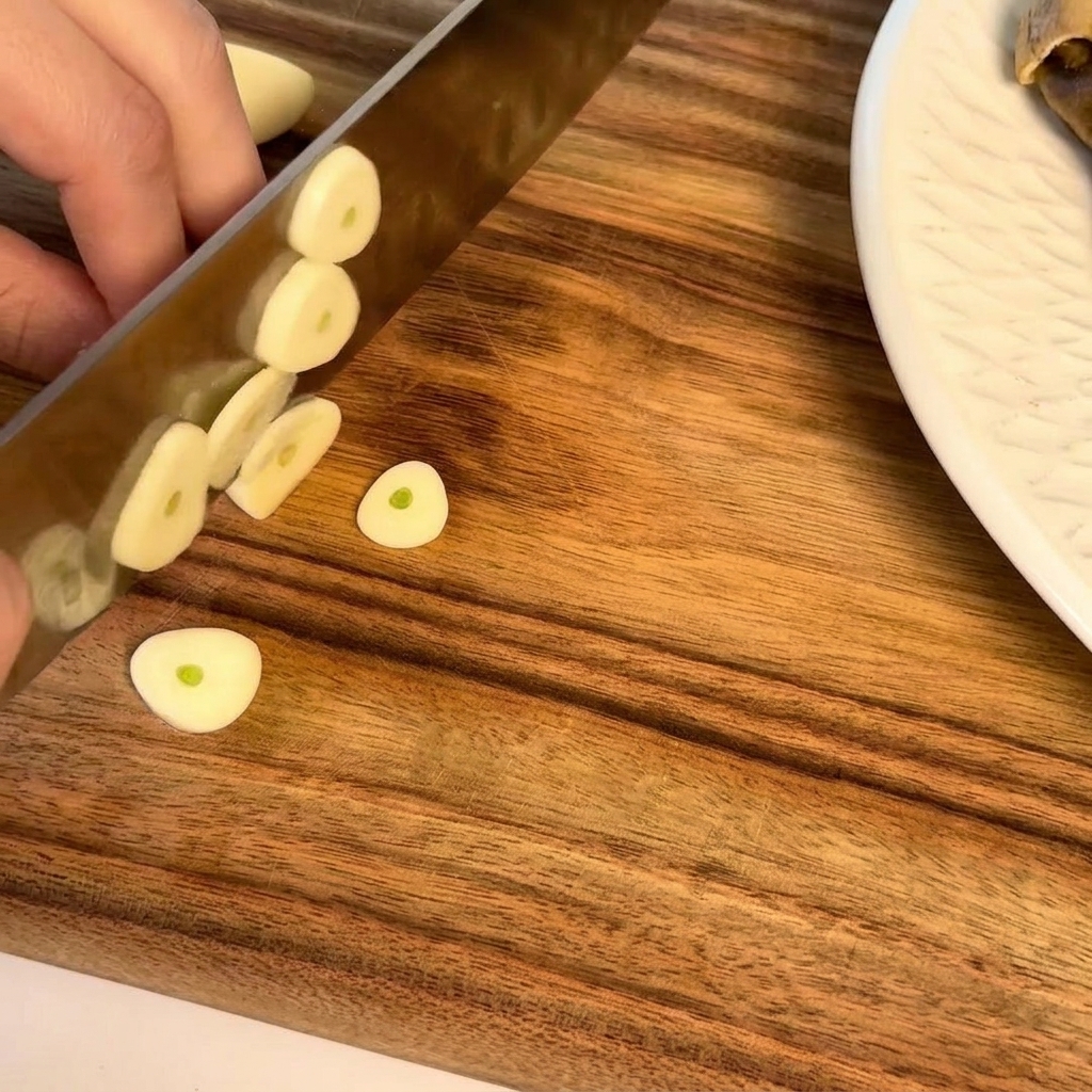 Gousses dail frais tranchées finement en rondelles sur une planche en bois.
