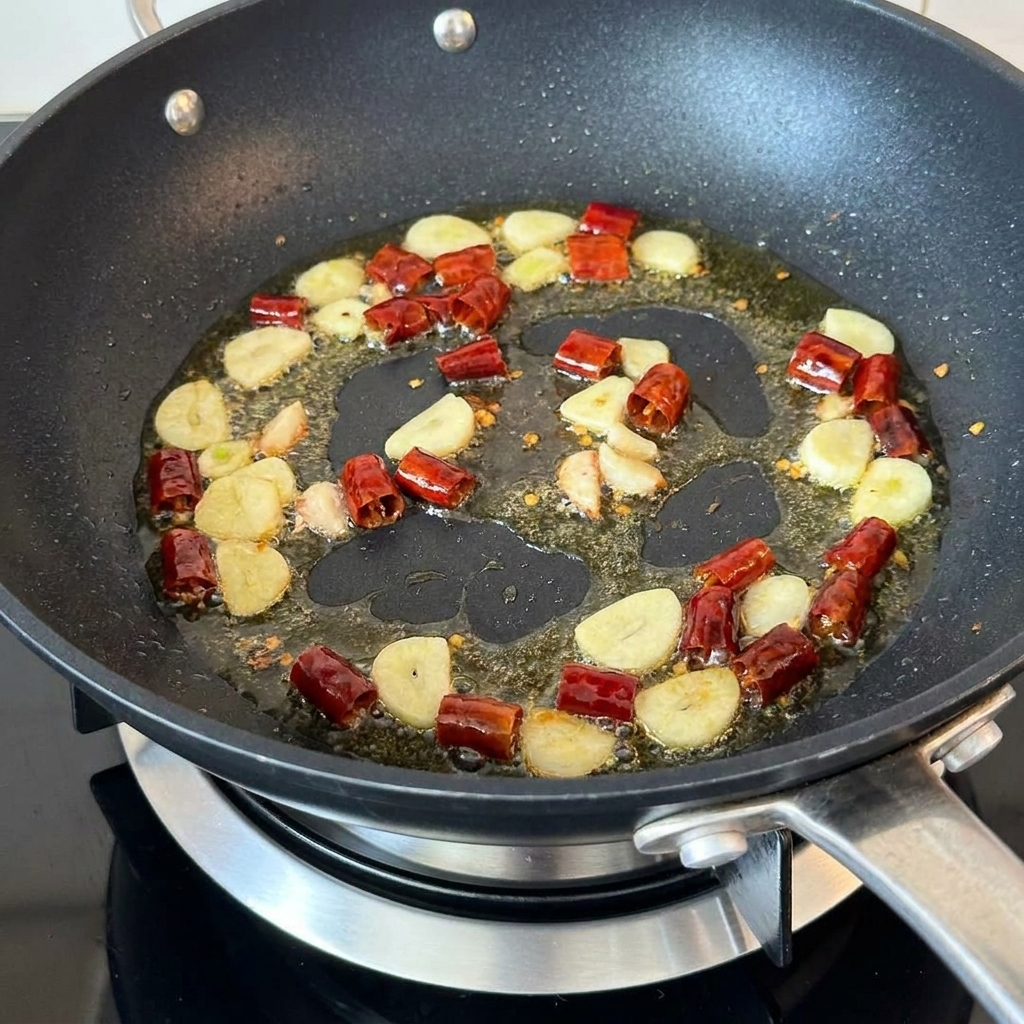 Champignons hachés sautés avec de lail et des piments séchés dans une poêle.