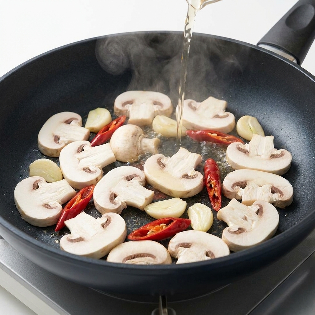 Vin blanc clair versé depuis le haut dans une poêle remplie de champignons tranchés, de gousses dail entières et de piments rouges séchés.