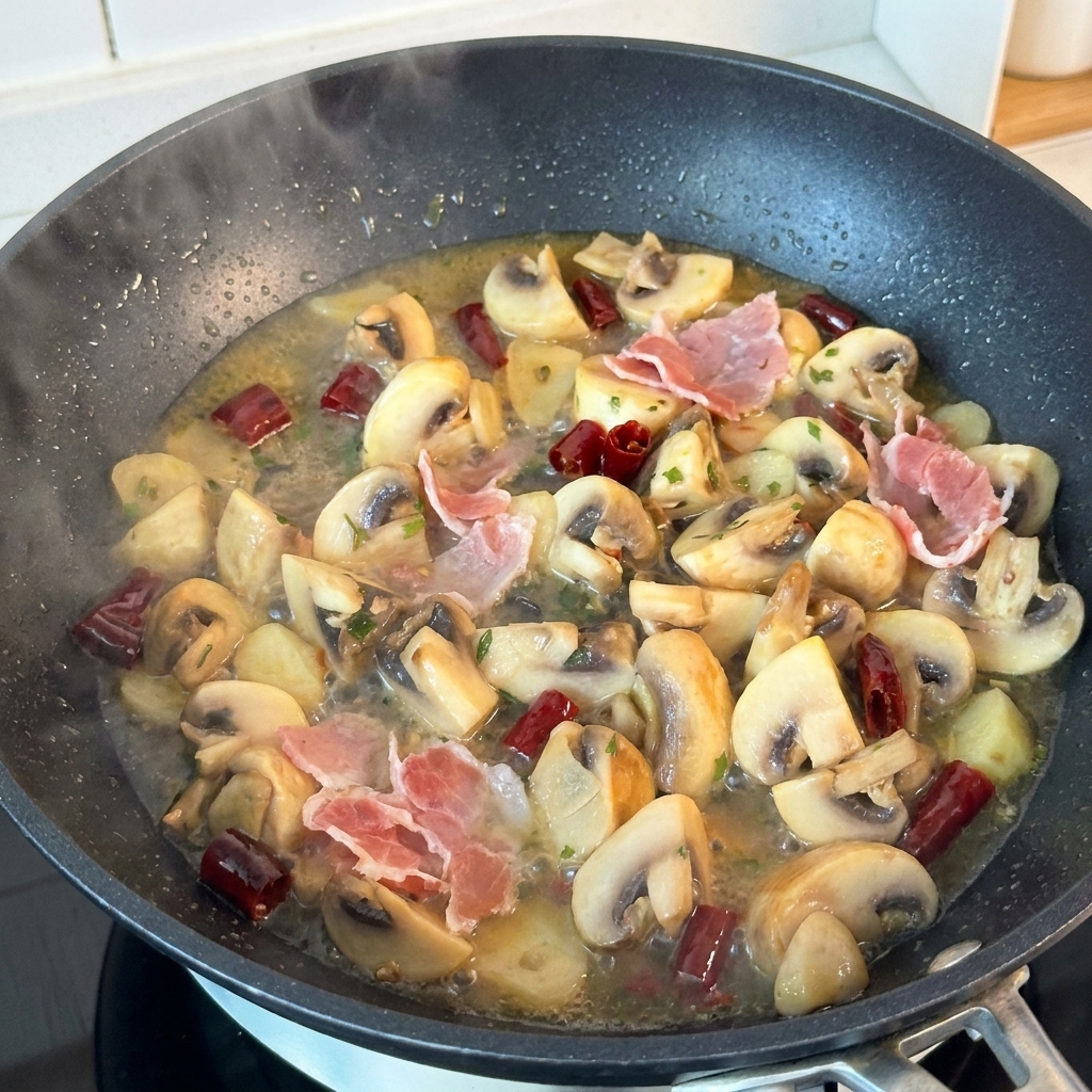 Morceaux de jambon cru rose dans une poêle chaude à côté de champignons cuits, dail et dune sauce riche et beurrée.