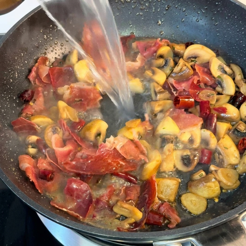 Un filet deau de cuisson amidonnée versé dans une poêle contenant une sauce riche avec du jambon savoureux et des champignons cuits.