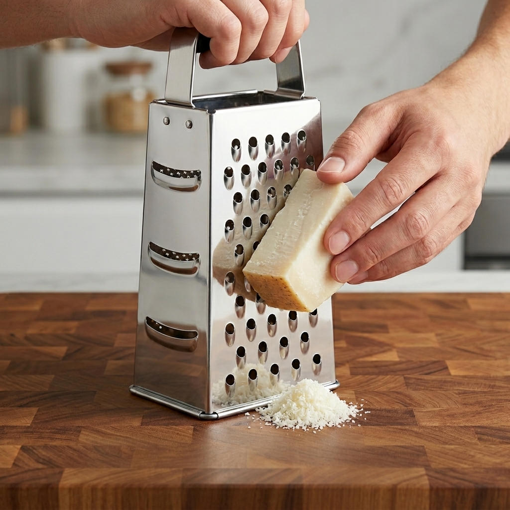 Main râpant un bloc de fromage Pecorino Romano sur une râpe à quatre faces.