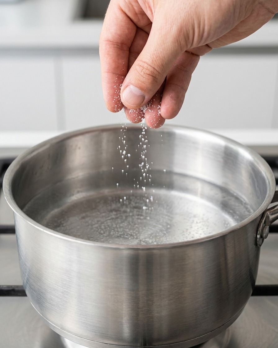 Longs brins de spaghetti plongés dans une grande casserole deau bouillante.