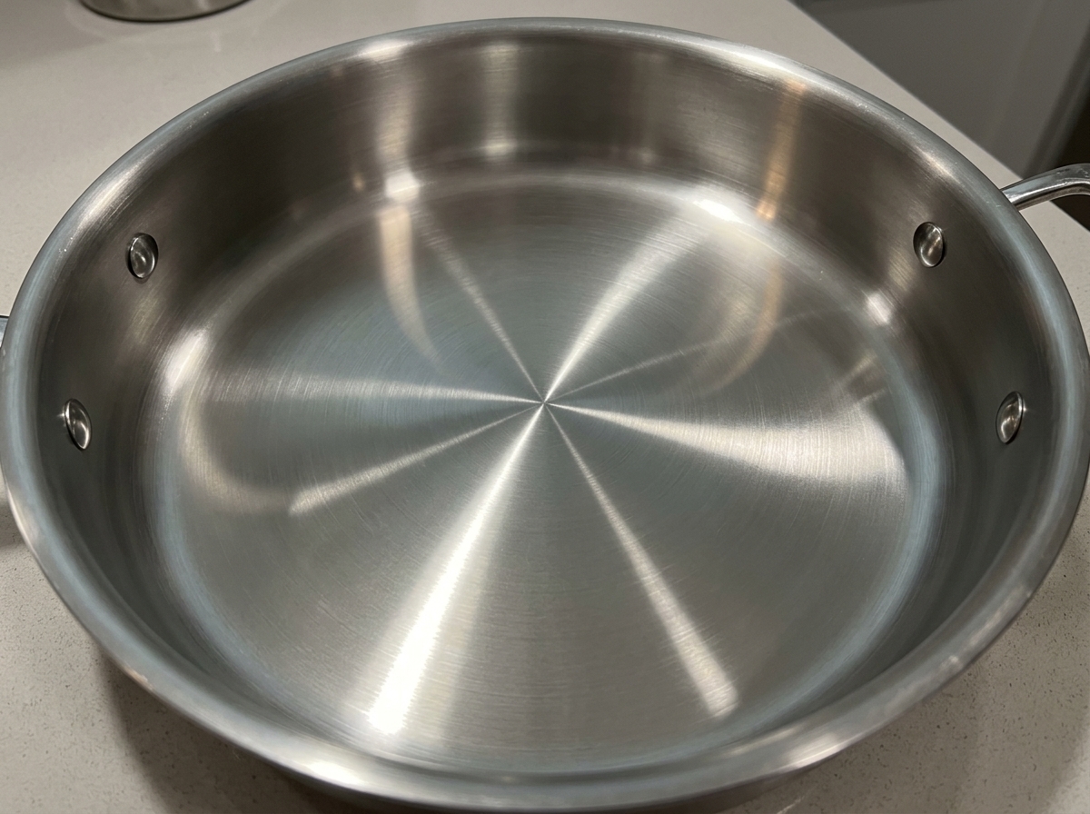 Poêle en acier inoxydable contenant de leau au poivre frémissante et le liquide de cuisson.