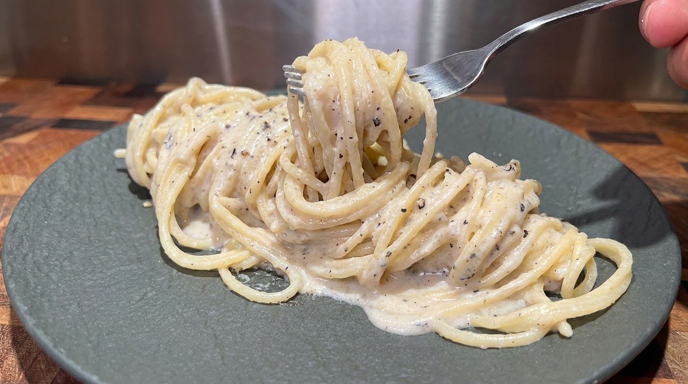 Un enchevêtrement de spaghetti Cacio e Pepe parfaitement nappés, mettant en valeur lémulsion crémeuse de Pecorino Romano et de poivre noir concassé.