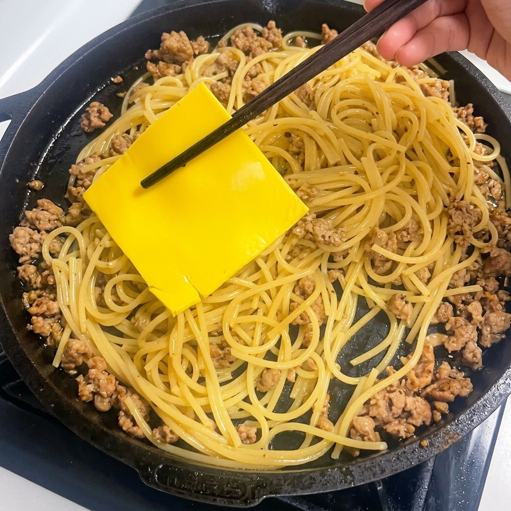Une tranche de fromage jaune posée sur des pâtes chaudes dans une poêle.