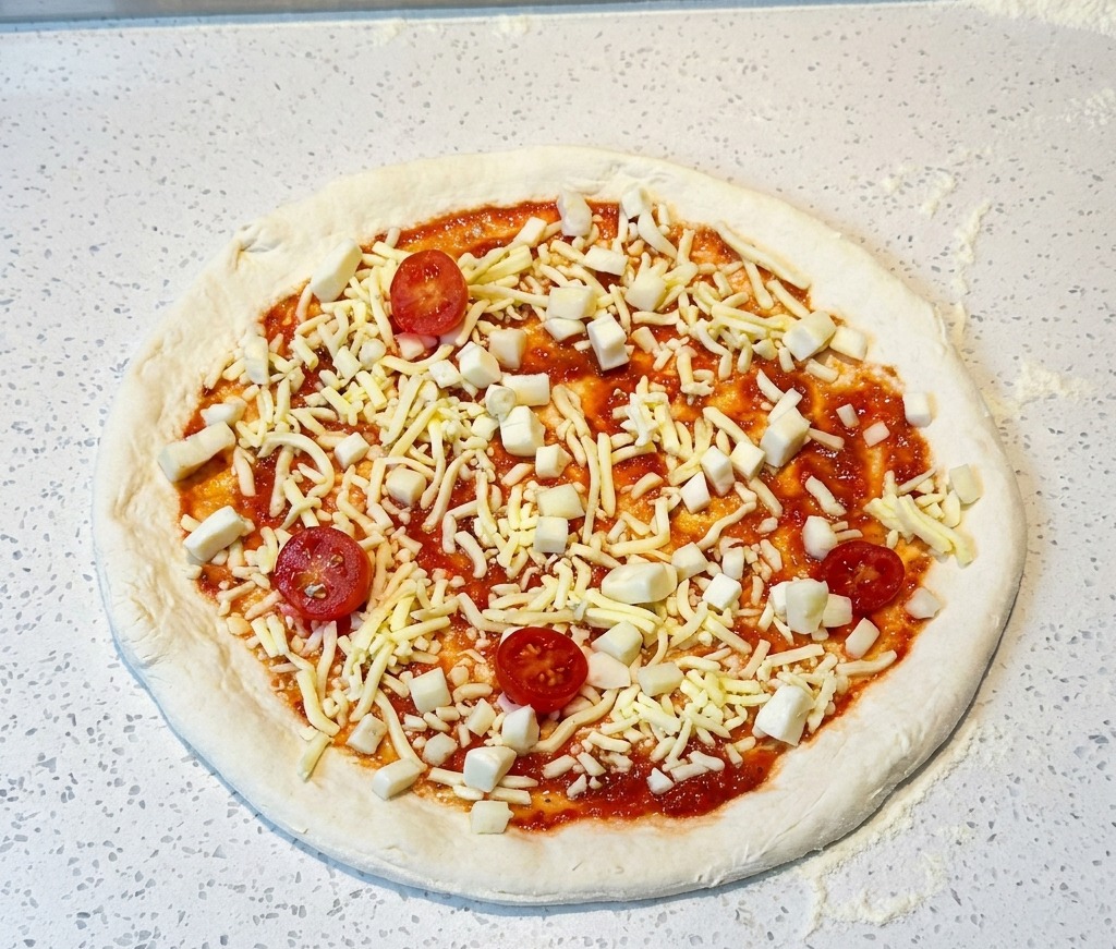Pizza crue garnie de sauce tomate, fromage râpé et moitiés de tomates cerises dispersées.