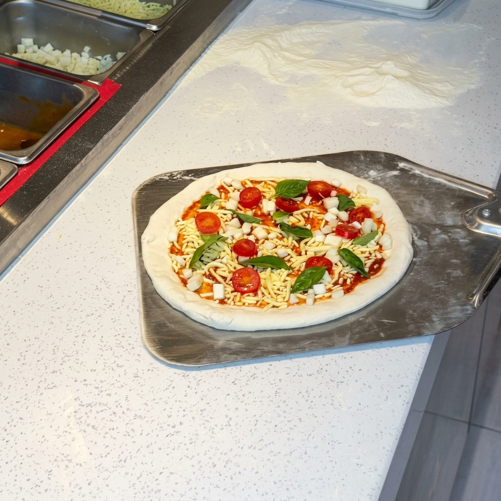 Une pizza Margherita assemblée sur une pelle à pizza en métal prête à être placée dans le four.