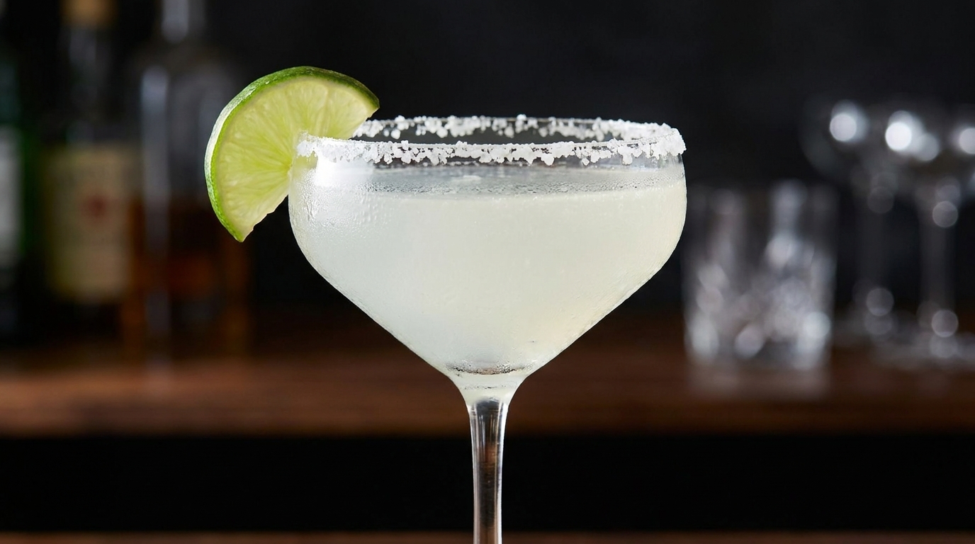 Un cocktail Margarita classique servi dans une coupe réfrigérée, orné dun bord givré au sel et dun quartier de citron vert frais.