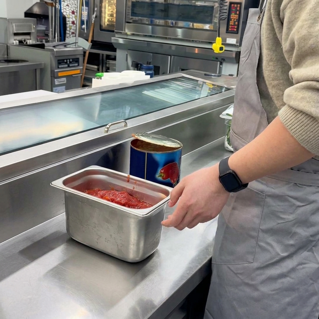 Sel saupoudré à la main dans un récipient de tomates concassées.