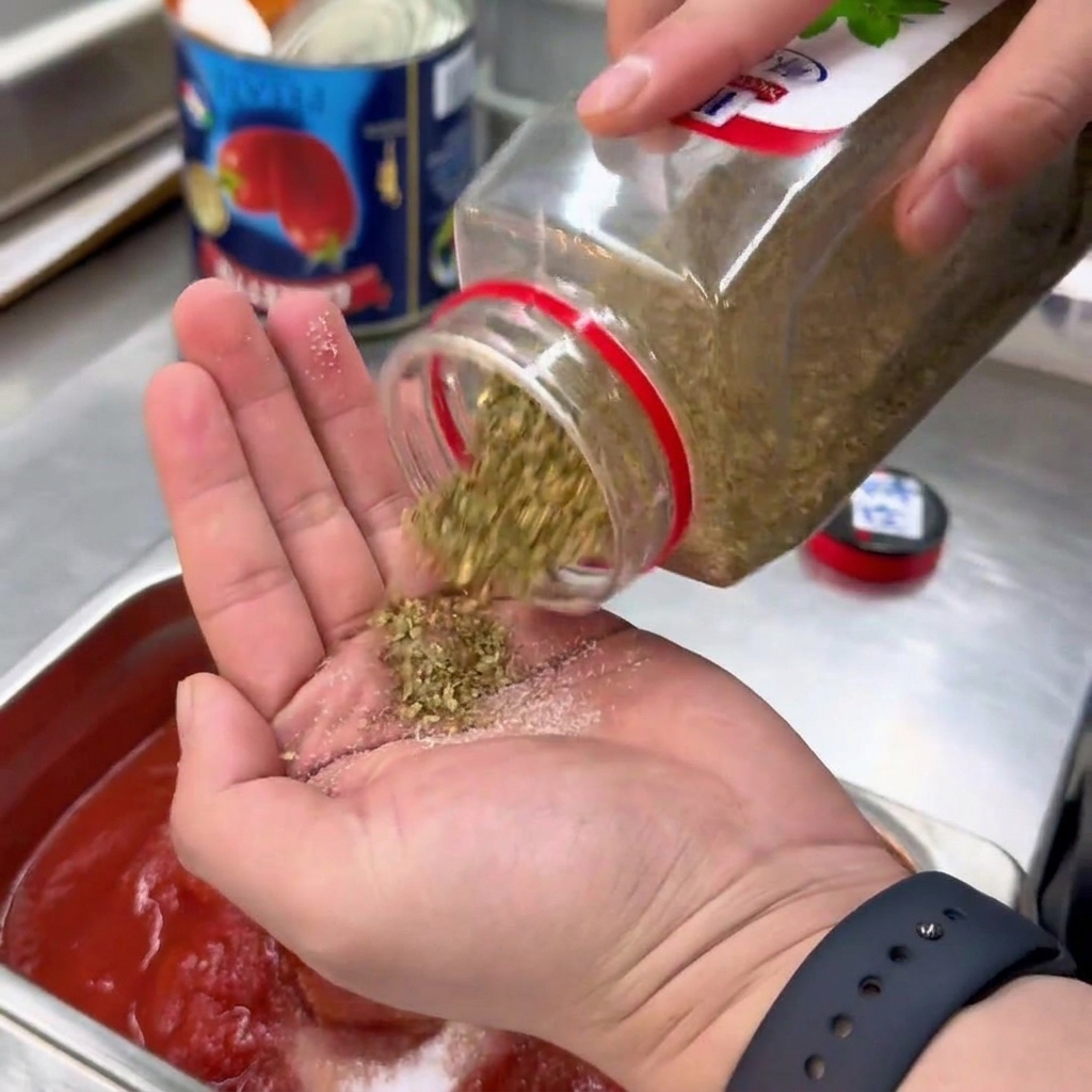 Origan séché saupoudré dune paume dans un récipient de sauce tomate.