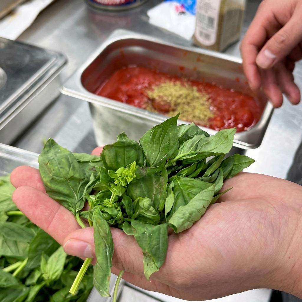 Feuilles de basilic frais ajoutées dans un récipient de sauce tomate assaisonnée.
