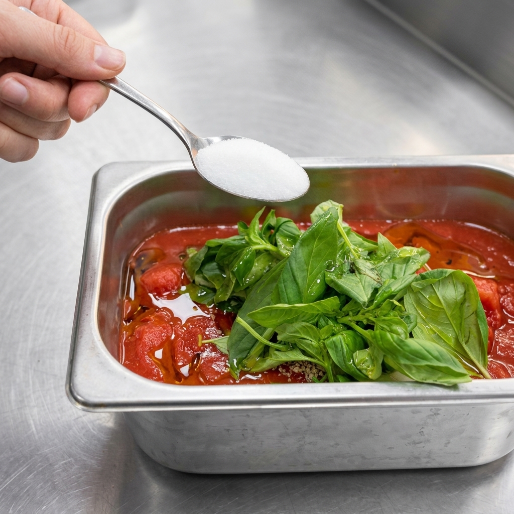 Une cuillerée de sucre ajoutée dans un récipient de sauce tomate.