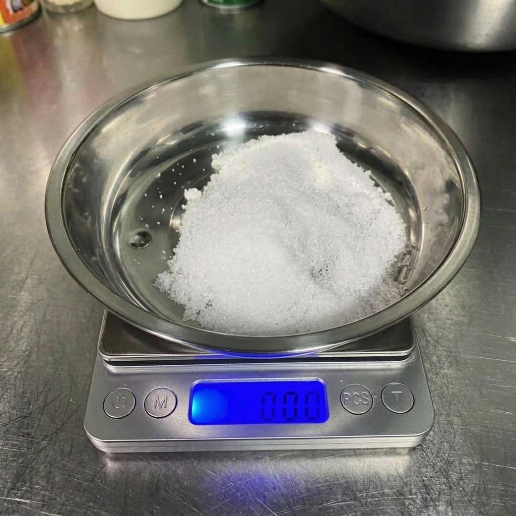 Un petit tas de sel marin fin dans un récipient en métal sur une balance.