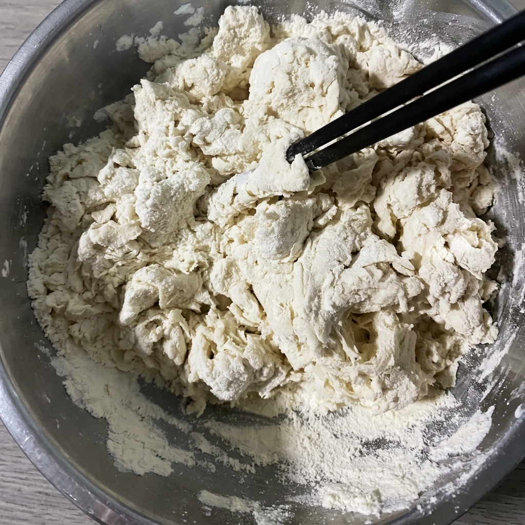 Baguettes mélangeant farine et eau pour former une masse de pâte irrégulière.