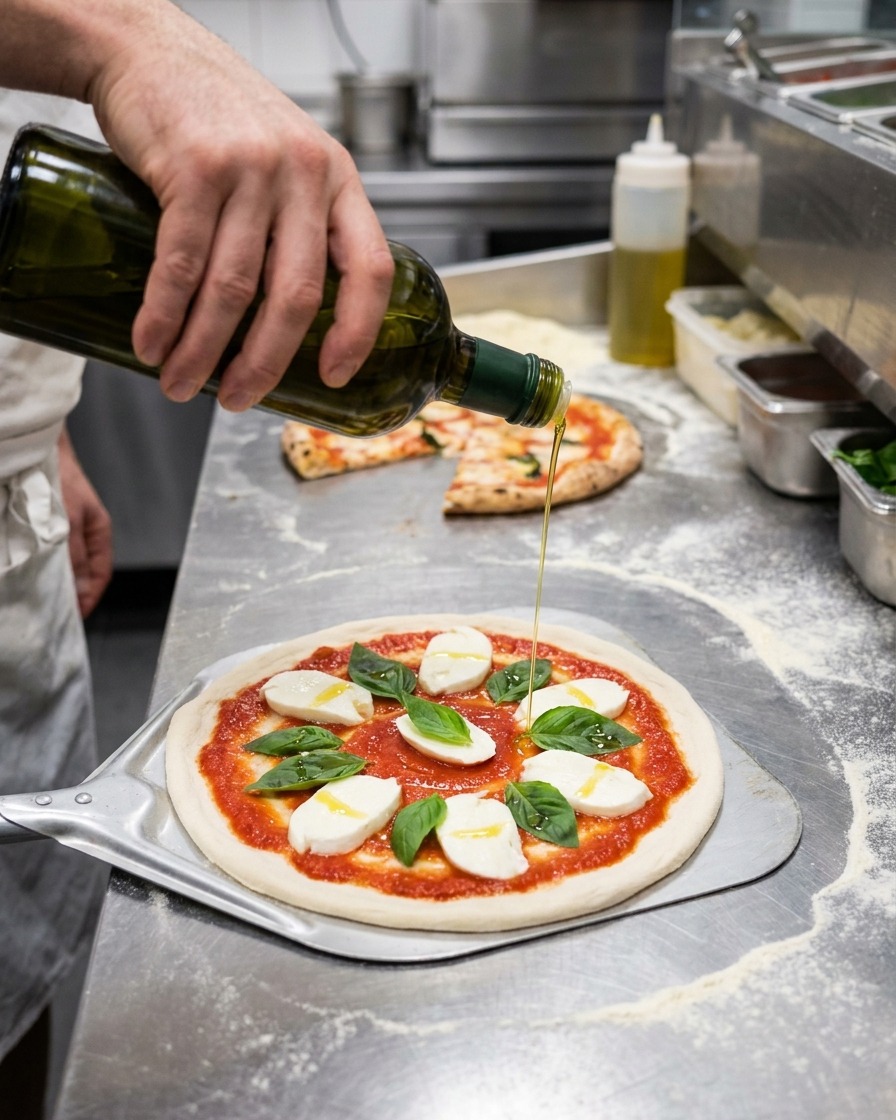 Filet dhuile dolive versé sur une pizza crue.