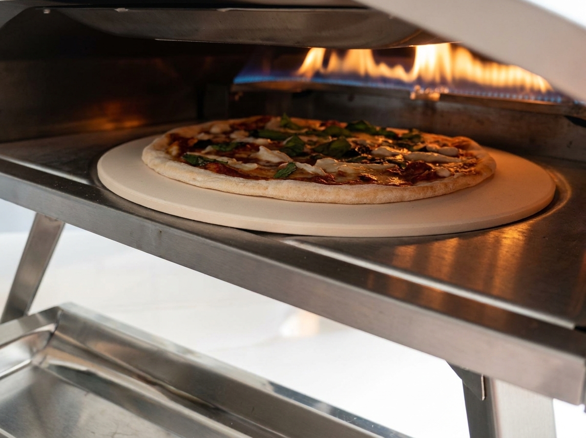 Pizza placée dans un four à gaz très chaud avec des flammes visibles.
