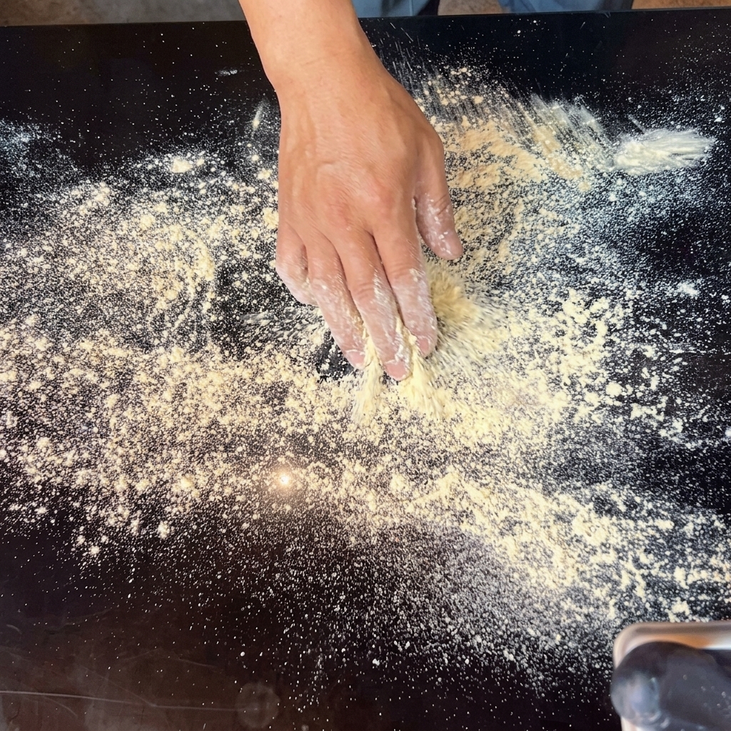 Mains étirant une boule de pâte à pizza sur une surface farinée.