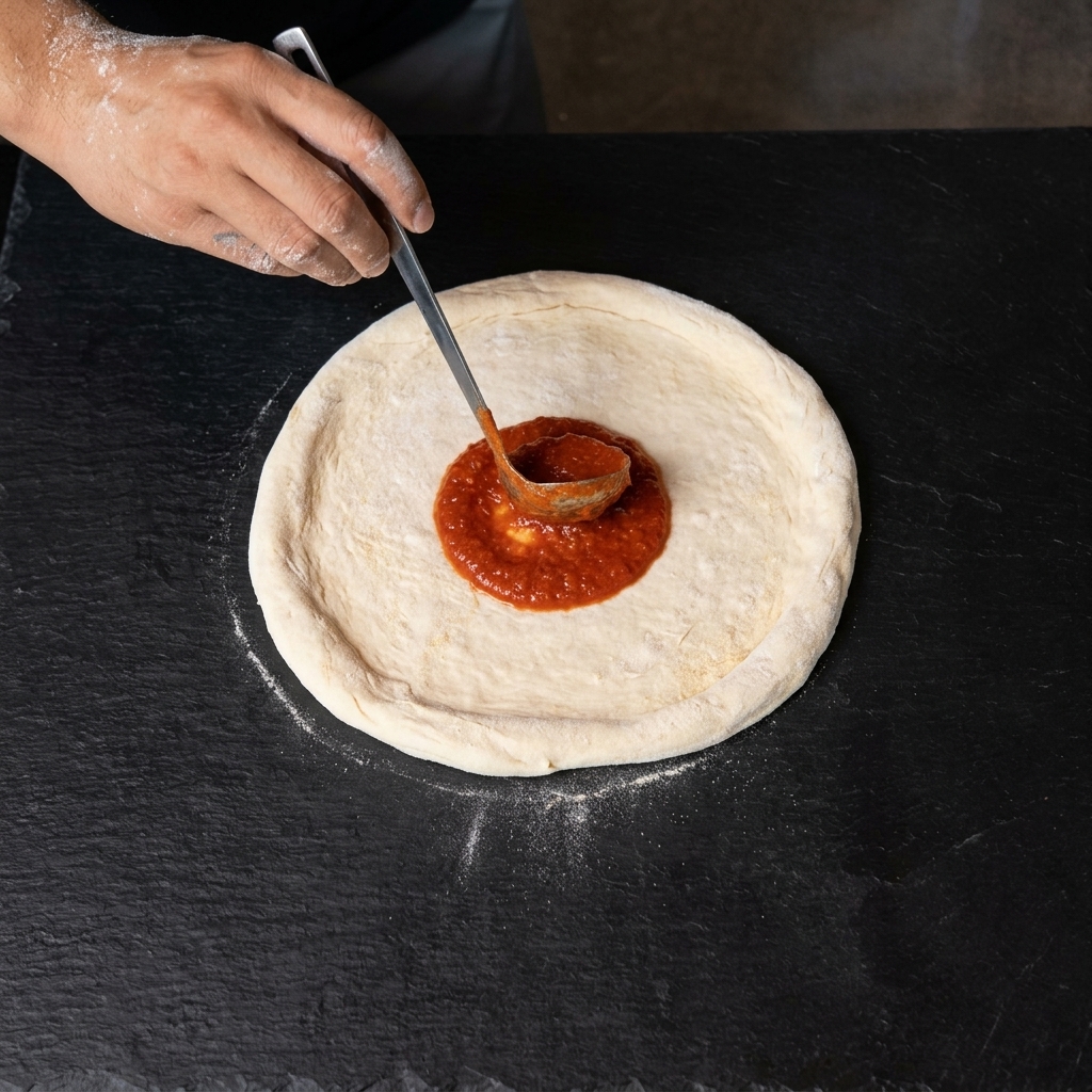 Une cuillère étalant la sauce tomate rouge sur la pâte à pizza étirée.